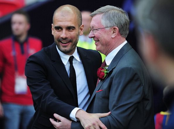 LONDON, ENGLAND - MAY 28: Guardiola \ greets Sir Alex Ferguson of Manchester United ahead of the UEFA Champions League final at Wembley Stadium. Ferguson's admiration of the Spaniard is no secret.